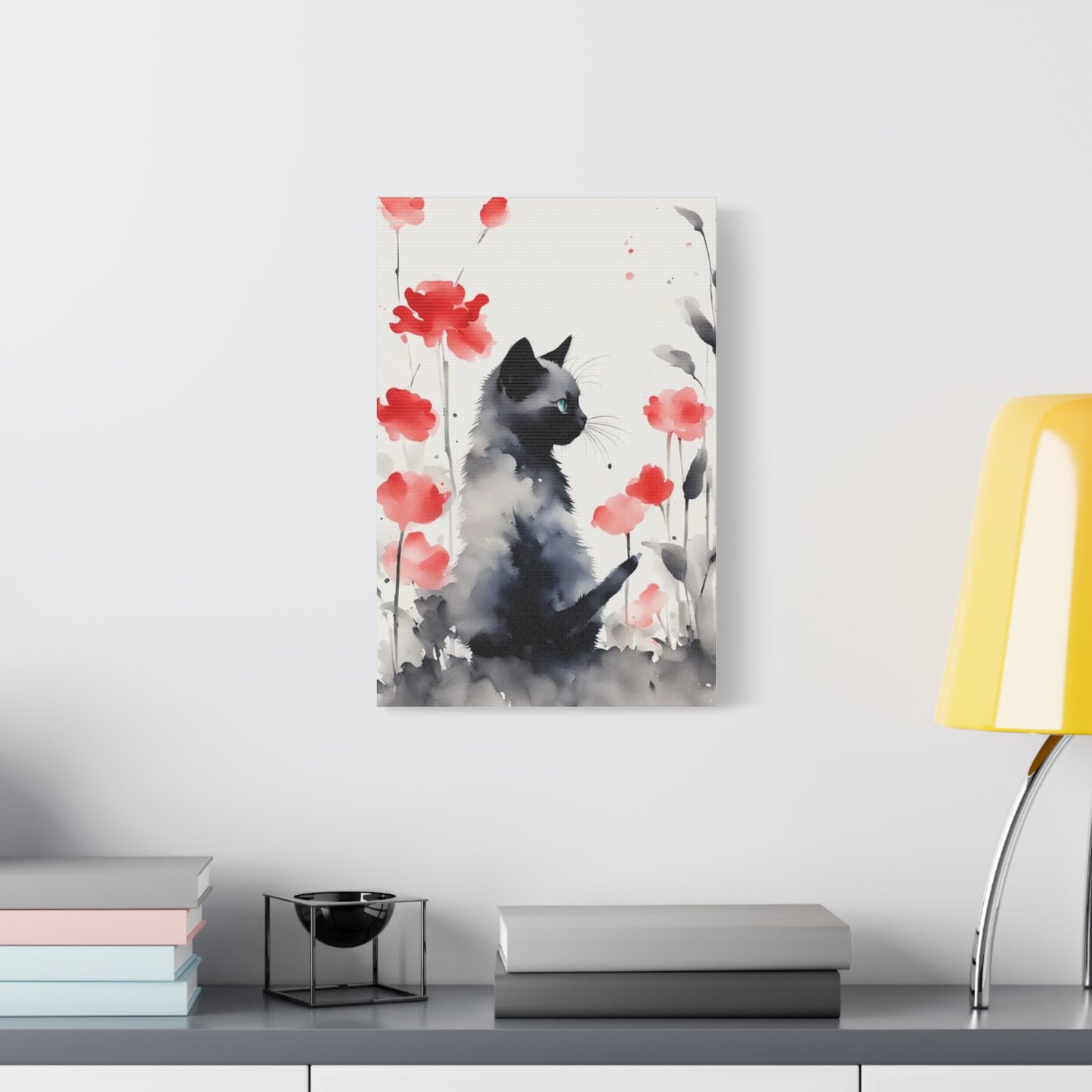 Kitten with Red Flowers Abstract Art
