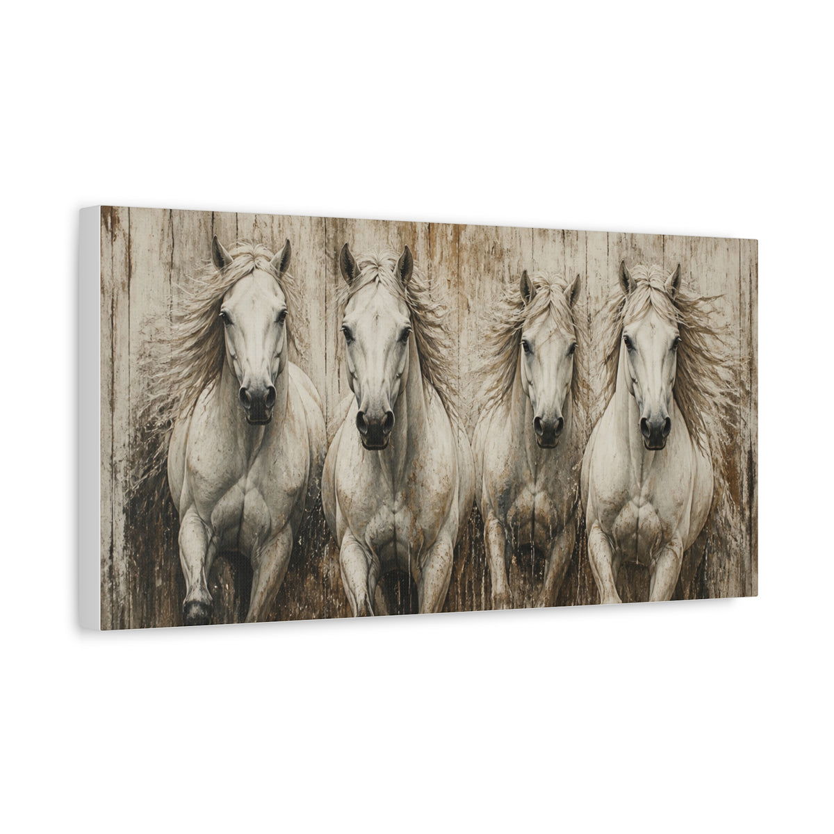 White Running  Horses Matte Canvas Wall Art — Stretched 1.25"