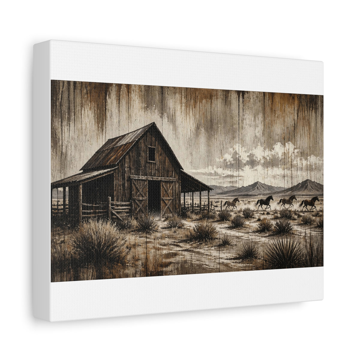 Rustic Western Barn Canvas Wall Art — Vintage Desert Horses Matte Stretched Canvas