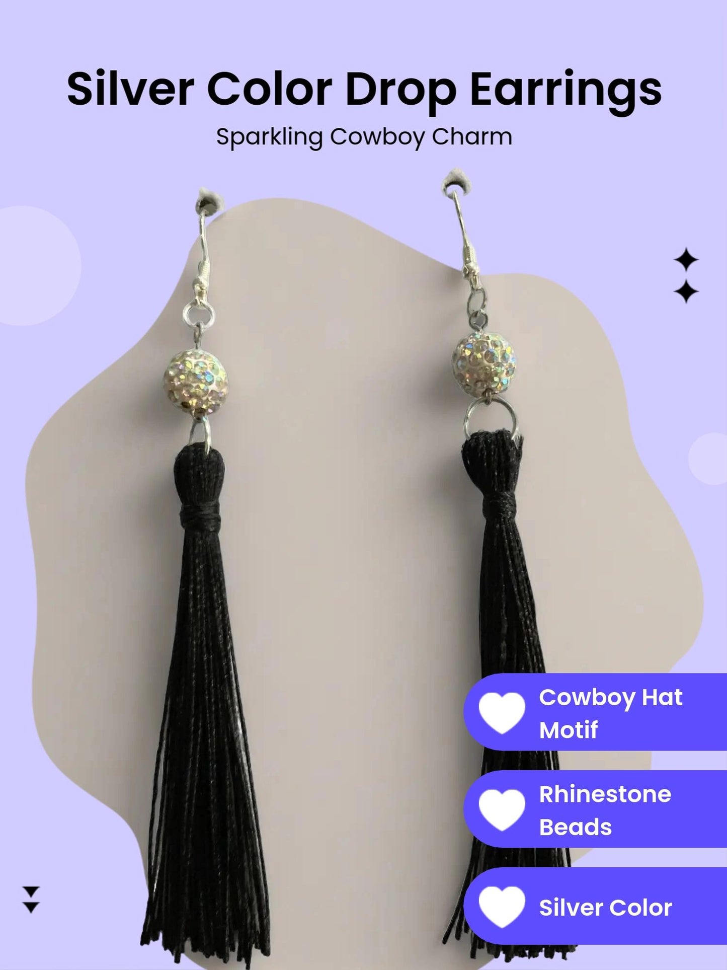 Black Fringe Dangling Earring with Rhinestone Beads Silver Plated for Pierced Ears Cowboy Hat Motif Fashion Accessory