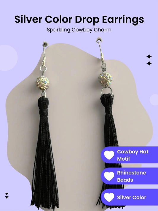 Black Fringe Dangling Earring with Rhinestone Beads Silver Plated for Pierced Ears Cowboy Hat Motif Fashion Accessory