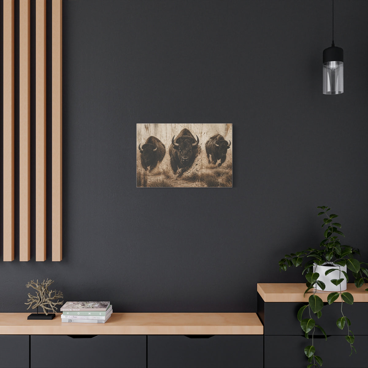 Running Bison Canvas Wall Art – Rustic Sepia Buffalo Trio Stretched Matte