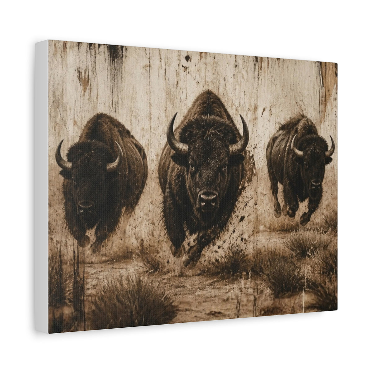 Running Bison Canvas Wall Art – Rustic Sepia Buffalo Trio Stretched Matte