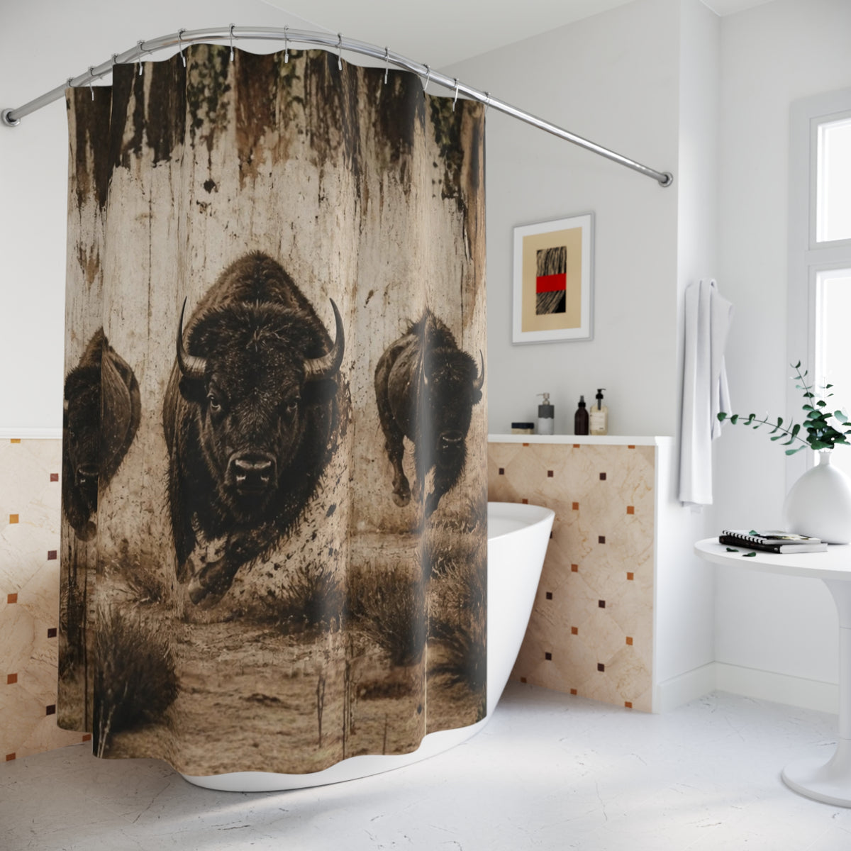 Bison Stampede Shower Curtain — Rustic Western Buffalo Bathroom Decor