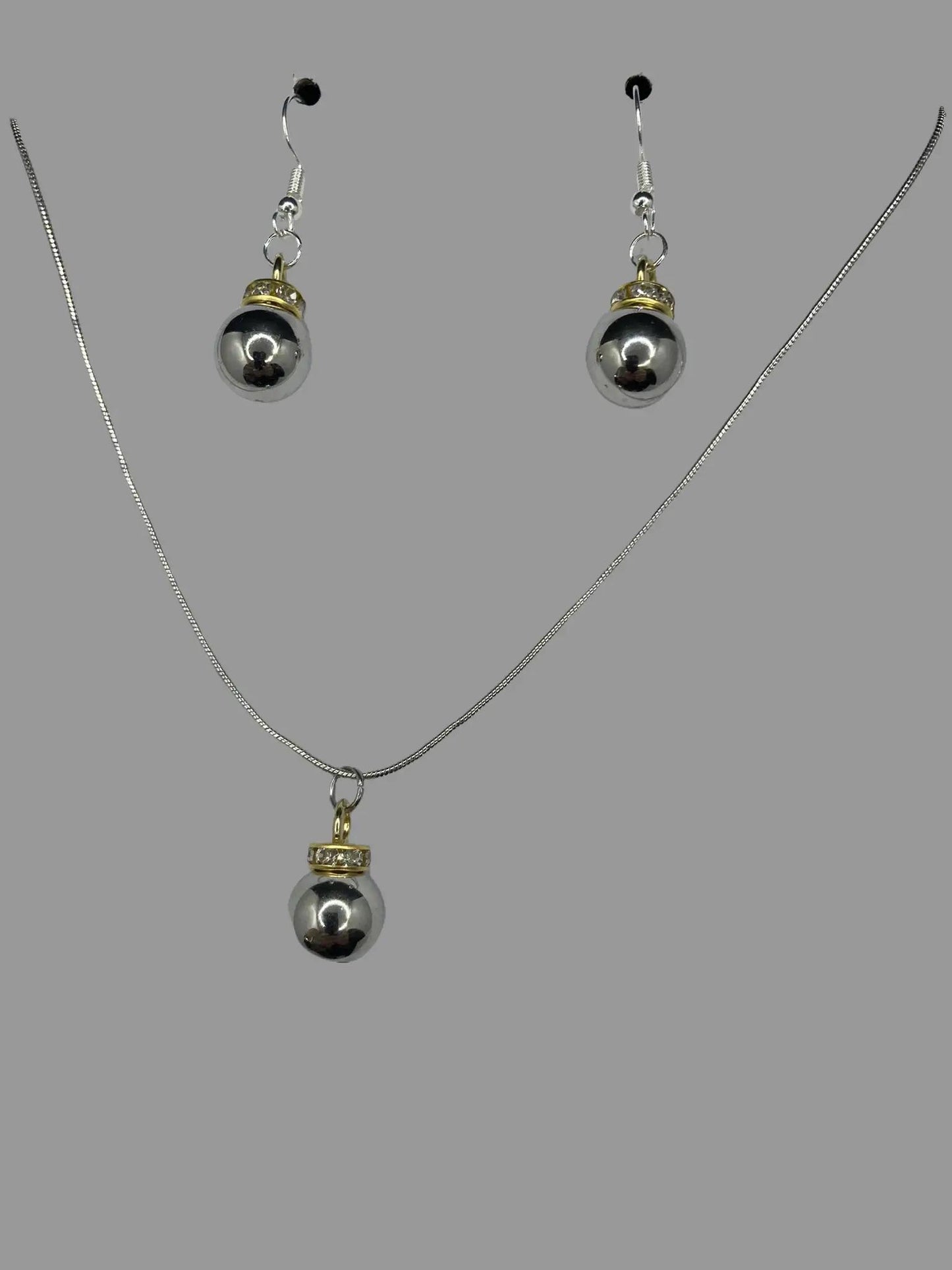 Mirror Ball Silver Plated Fashion Accessory for Pieced Ears 18 Inch Necklace and Earring Jewelry Set