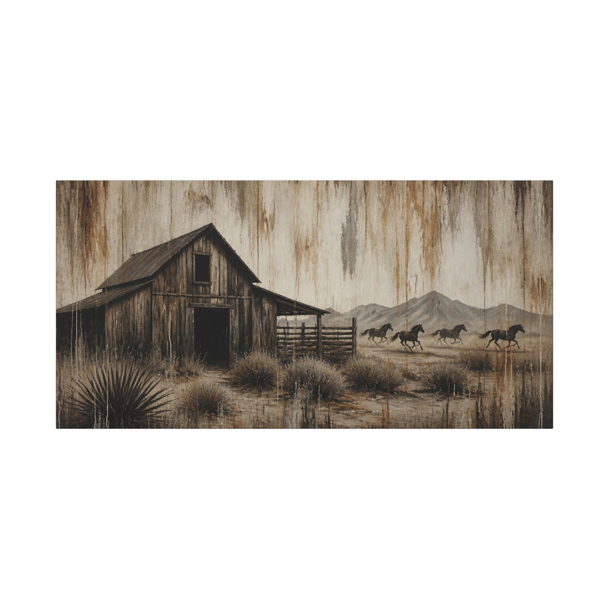 Rustic Western Barn Canvas Wall Art — Vintage Desert Horses Matte Stretched Canvas