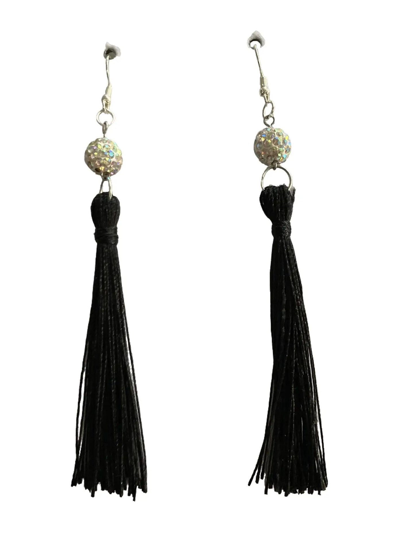 Black Fringe Dangling Earring with Rhinestone Beads Silver Plated for Pierced Ears Cowboy Hat Motif Fashion Accessory