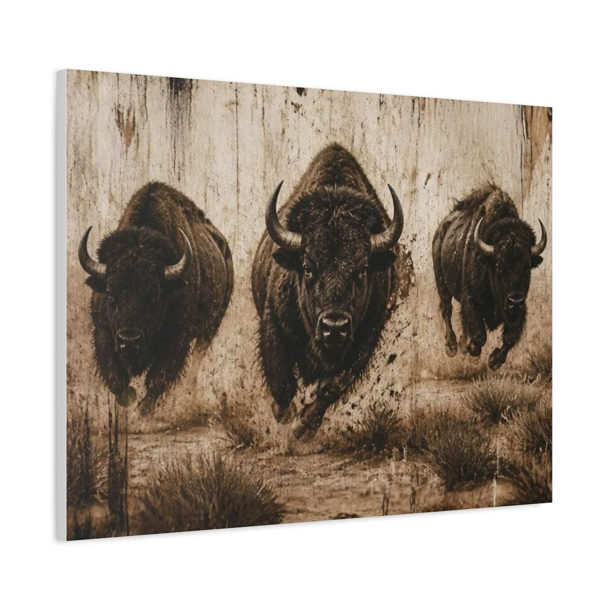 Running Bison Canvas Wall Art – Rustic Sepia Buffalo Trio Stretched Matte