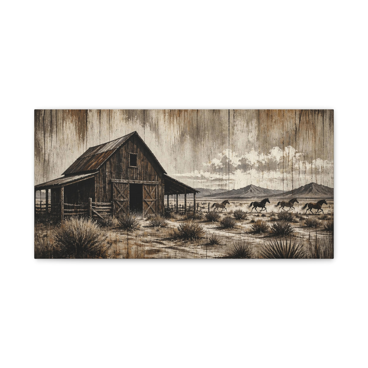 Rustic Western Barn Canvas Wall Art — Vintage Desert Horses Matte Stretched Canvas