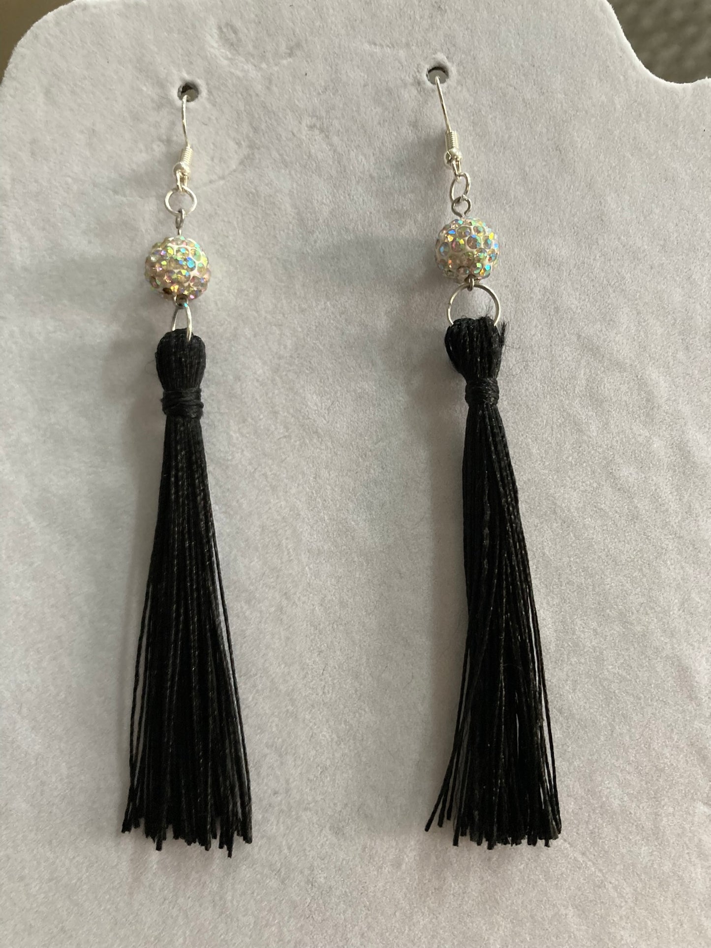 Black Fringe Dangling Earring with Rhinestone Beads Silver Plated for Pierced Ears Cowboy Hat Motif Fashion Accessory