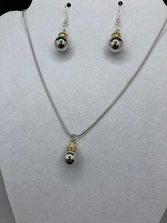 Mirror Ball Silver Plated Fashion Accessory for Pieced Ears 18 Inch Necklace and Earring Jewelry Set