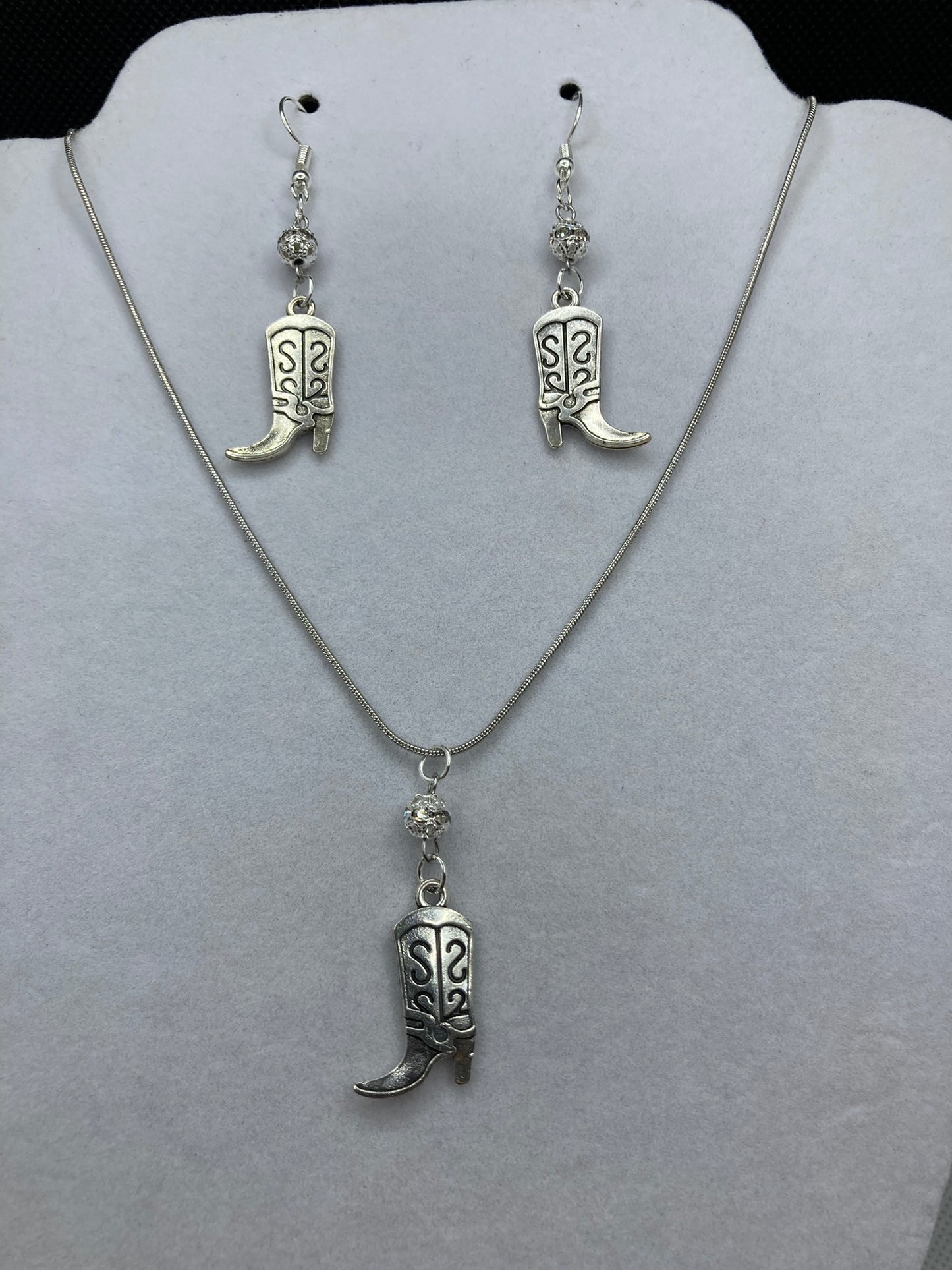 Cowboy Boots Silver Plated Western Flair Jewelry Set for Pierced Ears with Bling Bead Trim