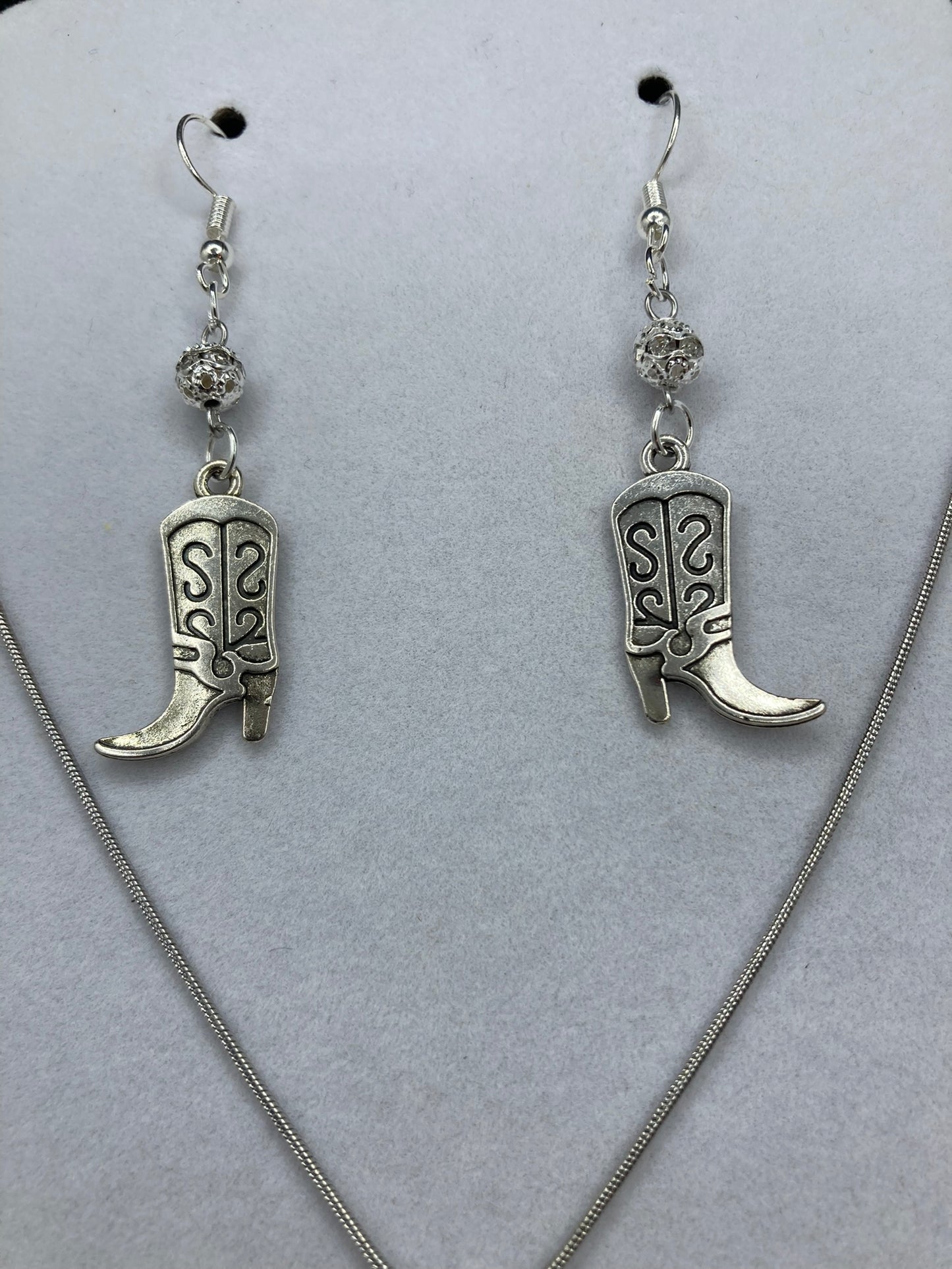 Cowboy Boots Silver Plated Western Flair Jewelry Set for Pierced Ears with Bling Bead Trim