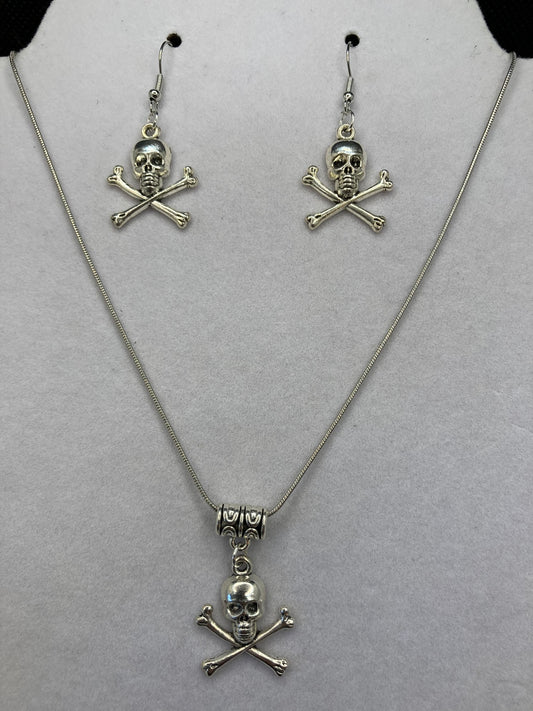 Skull and Crossbones Silver Tome Necklace and Pierced Earring Set