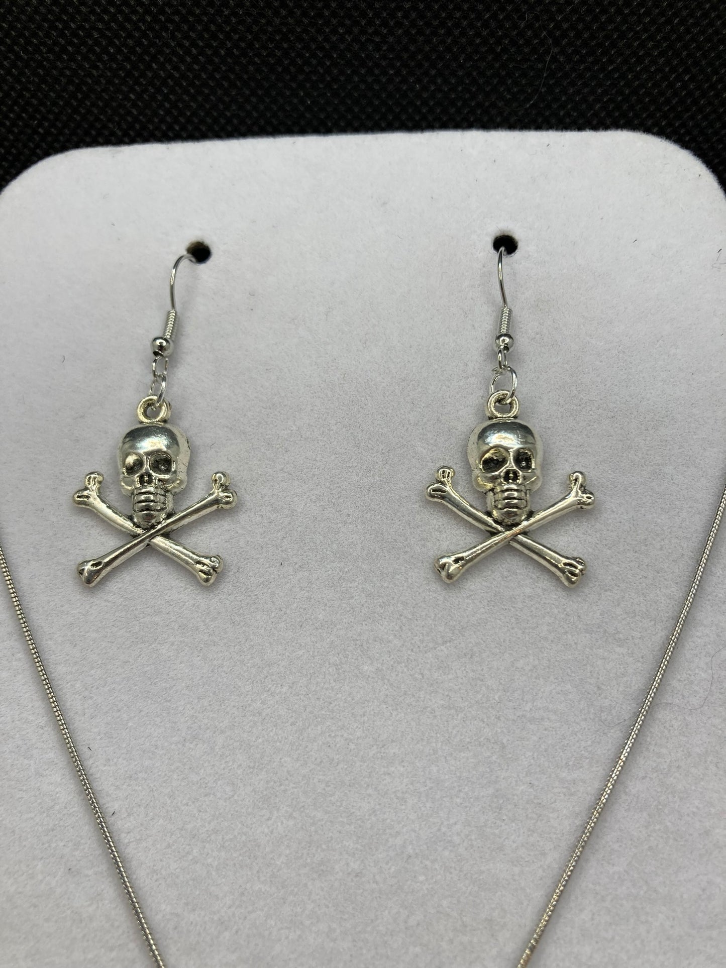 Skull and Crossbones Silver Tome Necklace and Pierced Earring Set