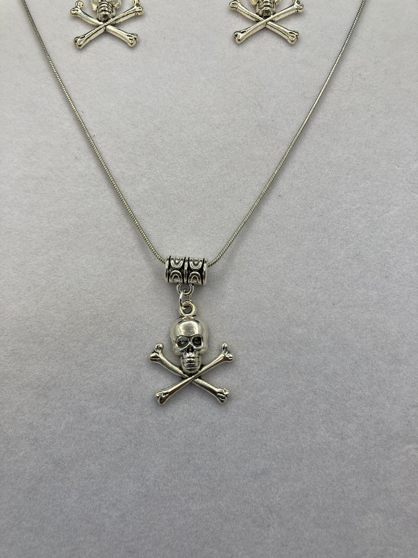 Skull and Crossbones Silver Tome Necklace and Pierced Earring Set