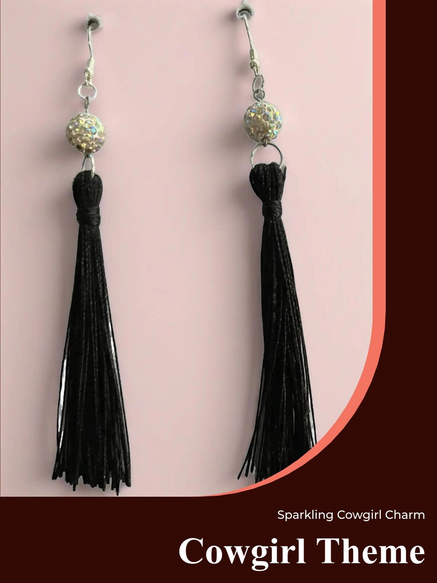 Black Fringe Dangling Earring with Rhinestone Beads Silver Plated for Pierced Ears Cowboy Hat Motif Fashion Accessory