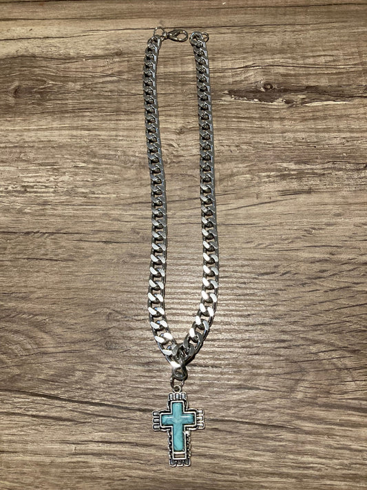 Turquoise Cross Necklace with Chunky Chain Style 1