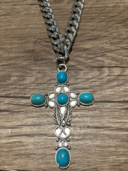 Turquoise Cross Necklace with Chunky Chain Style 4