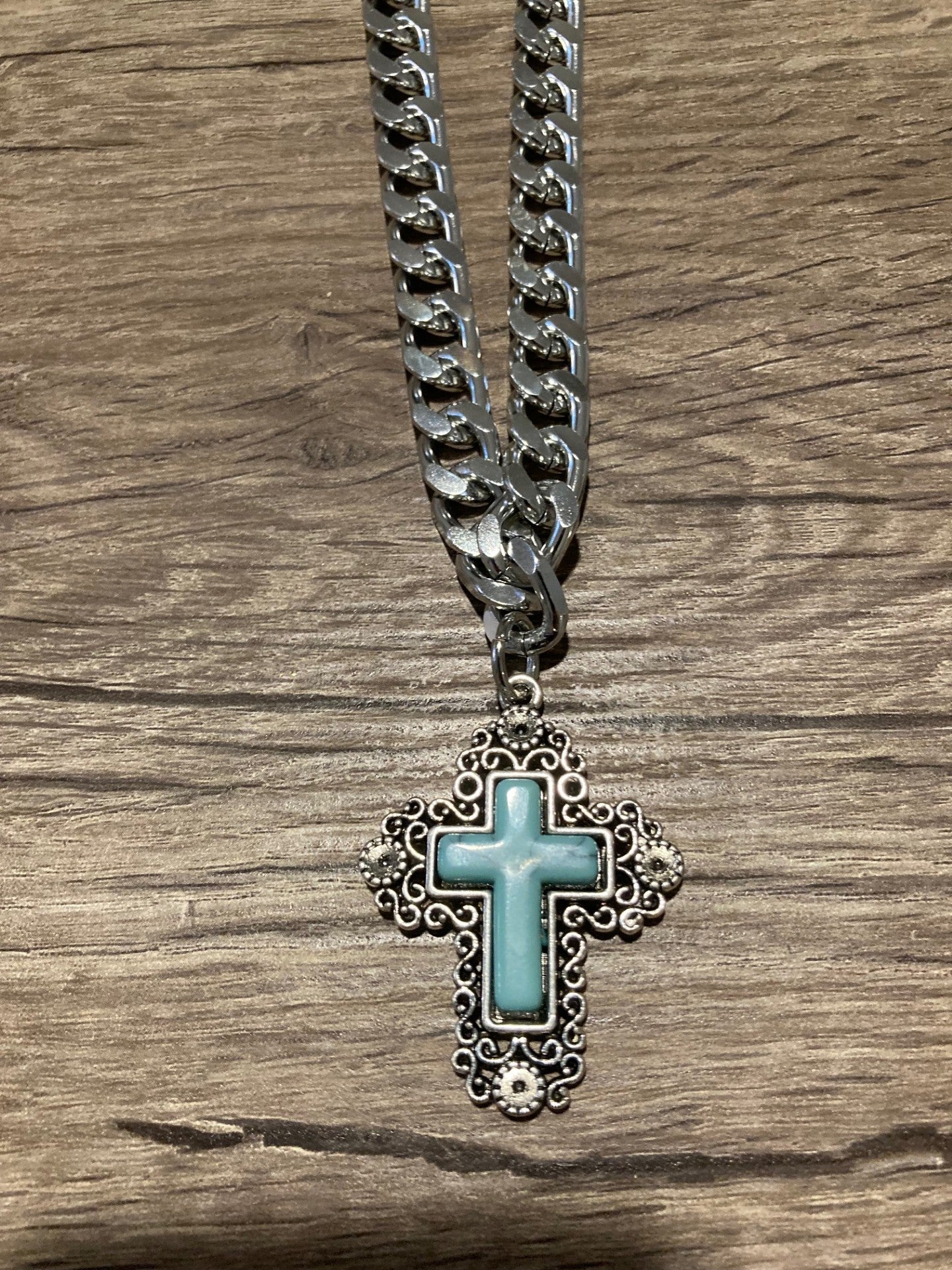 Turquoise Cross Necklace with Chunky Chain Style 2