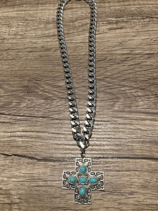 Turquoise Cross Necklace with Chunky Chain Style 4