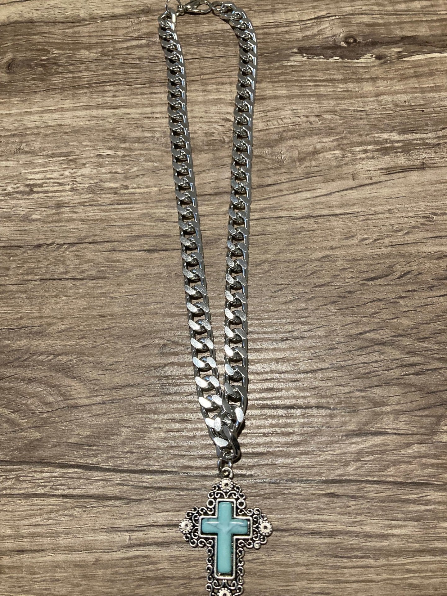 Turquoise Cross Necklace with Chunky Chain Style 2